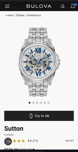 Bulova Men's Automatic Silver Skeleton Dial Stainless Steel Bracelet Watch 96A187 Sutton
