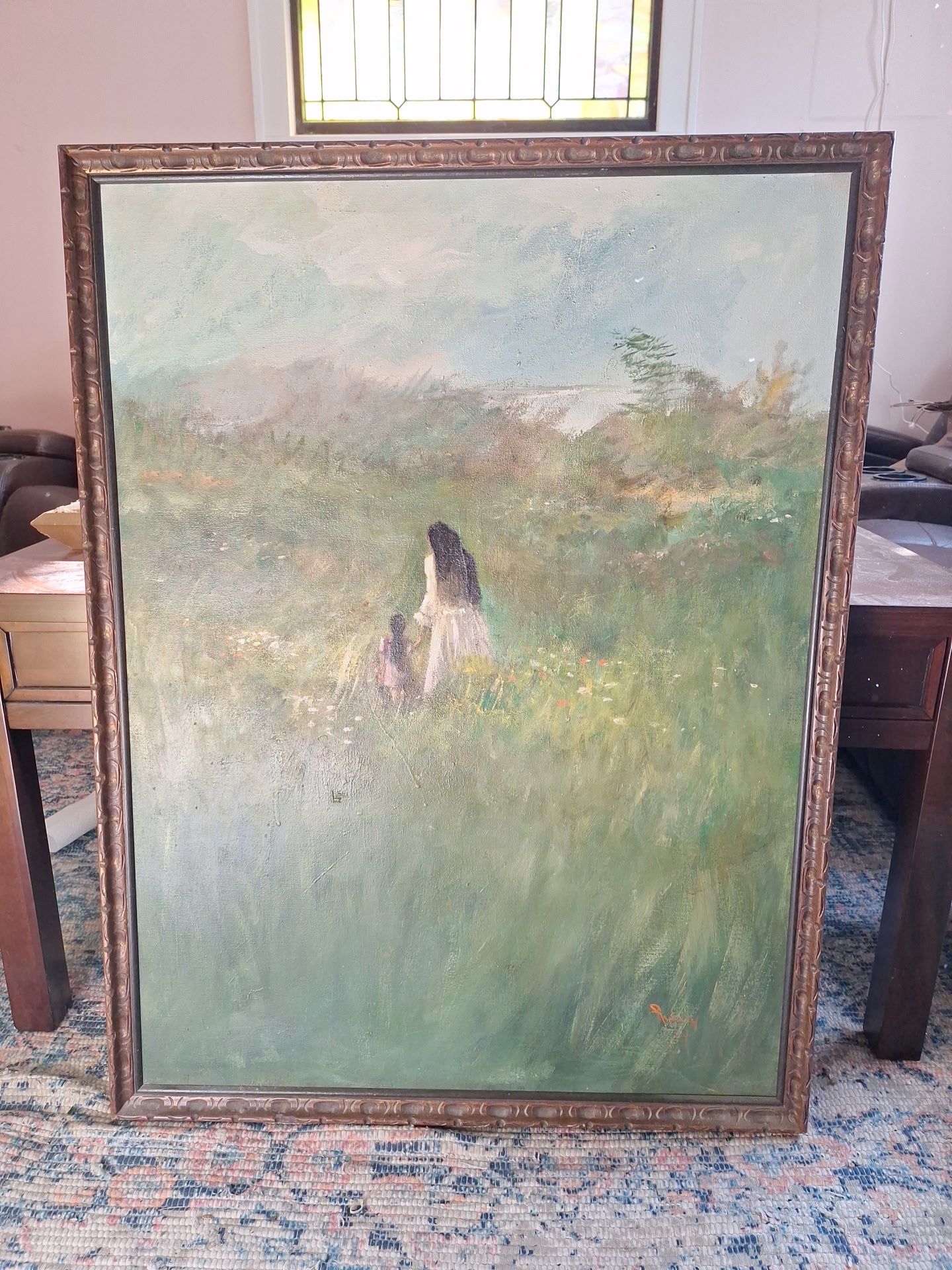 42x32 Impressionist oil 1974 painting of woman and child in a wildflower field
