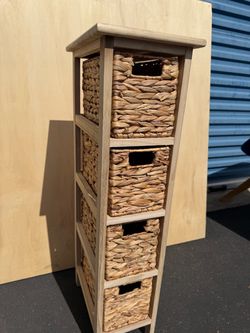 Tall Wood Storage Unit with 4 Wicker Baskets