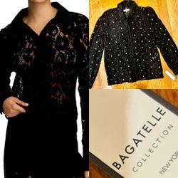 Bagatelle Collection black/silver embellished lace buttons front shirt size S