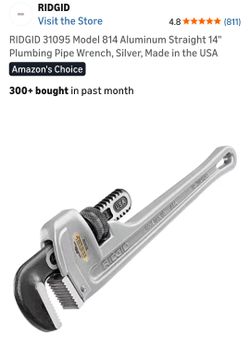 RIDGID 31095 Model 814 Aluminum Straight 14" Plumbing Pipe Wrench, Silver, Made in the USA