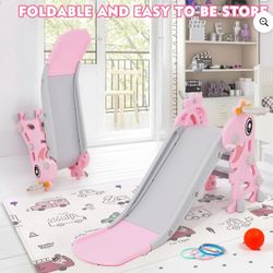Ealing Toddler Slide for Indoor for Ages 1-3 Play with Basketball Hoop, Anti-Slip Steps, 49.2in Baby Climber Foldable Toy(Pink)