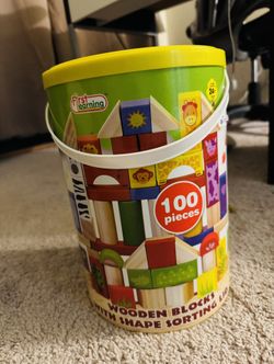 100 Pieces Wooden Blocks With Shapes Sorting Lid