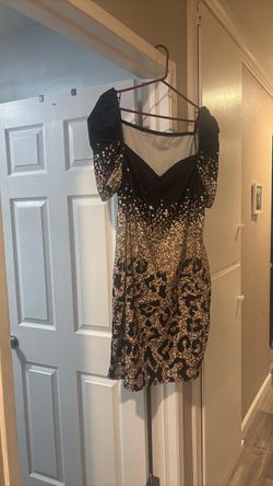 Black Mini Dress with Gold Floral Appliqués