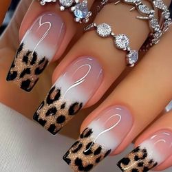 🐾 24pcs Animal Print Glitter Design, Medium Length Ballet Glossy Press on Nails