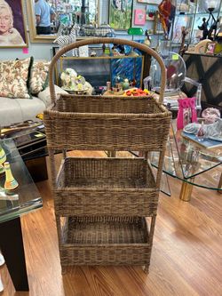 Brown 3 tier wooden rattan basket shelf