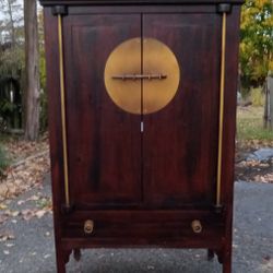 Mahogany Media Cabinet – Asian Modern Brass Accent Armoire (37”W x 25”D x 59”H)