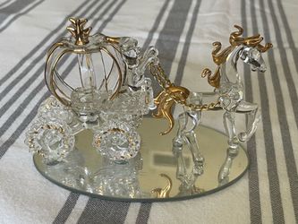 Hand-blown glass Cinderella carriage with horse and gold trim.