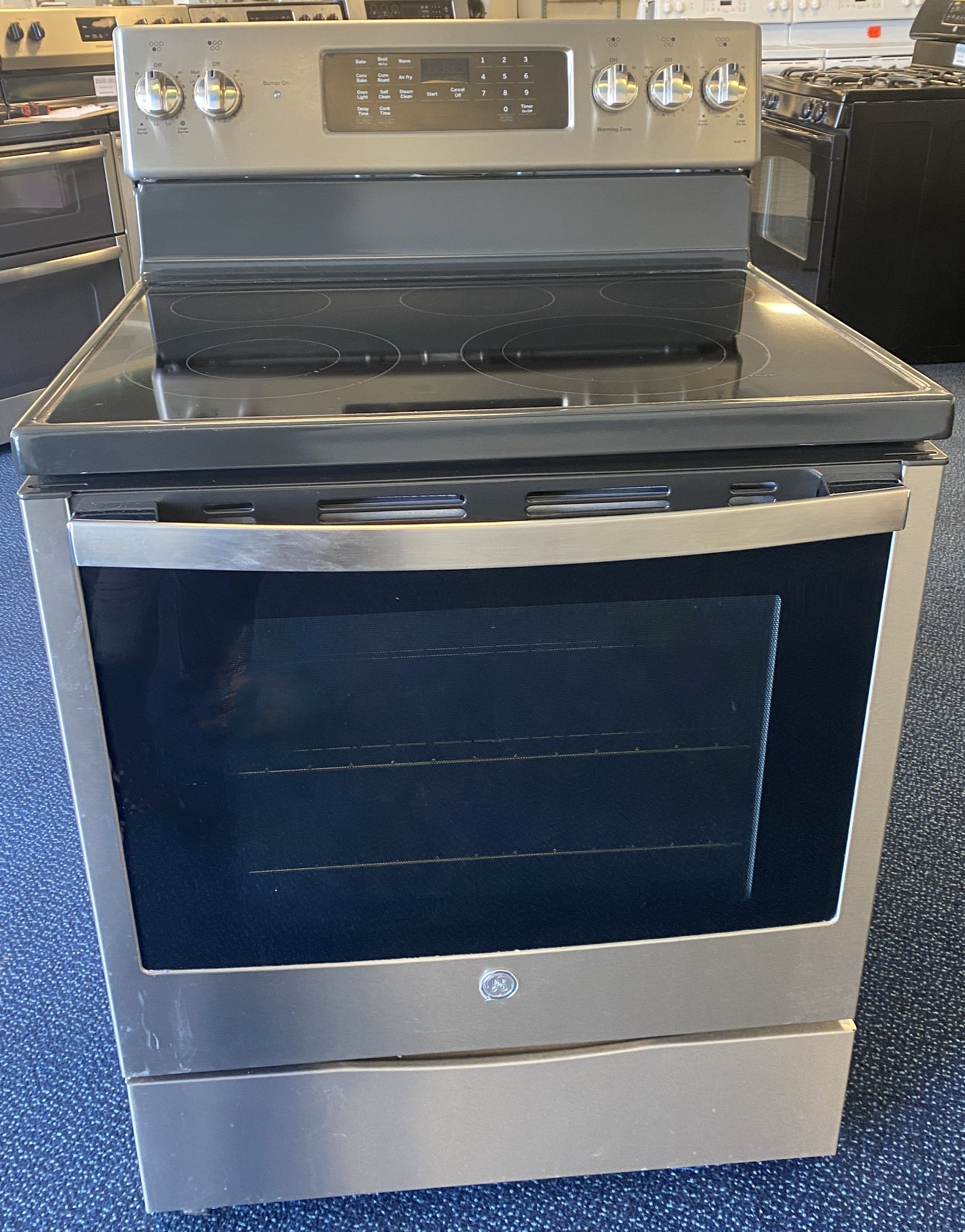 Stainless Steel GE Profile Five Burner Glass Top Electric Stove with Air Fry Setting (2-0180)