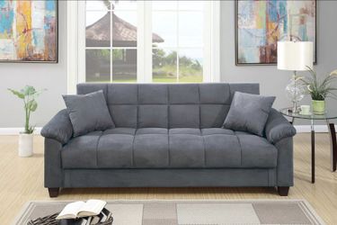 Brand new 87" x 45" light gray microfiber sofa sleeper with storage