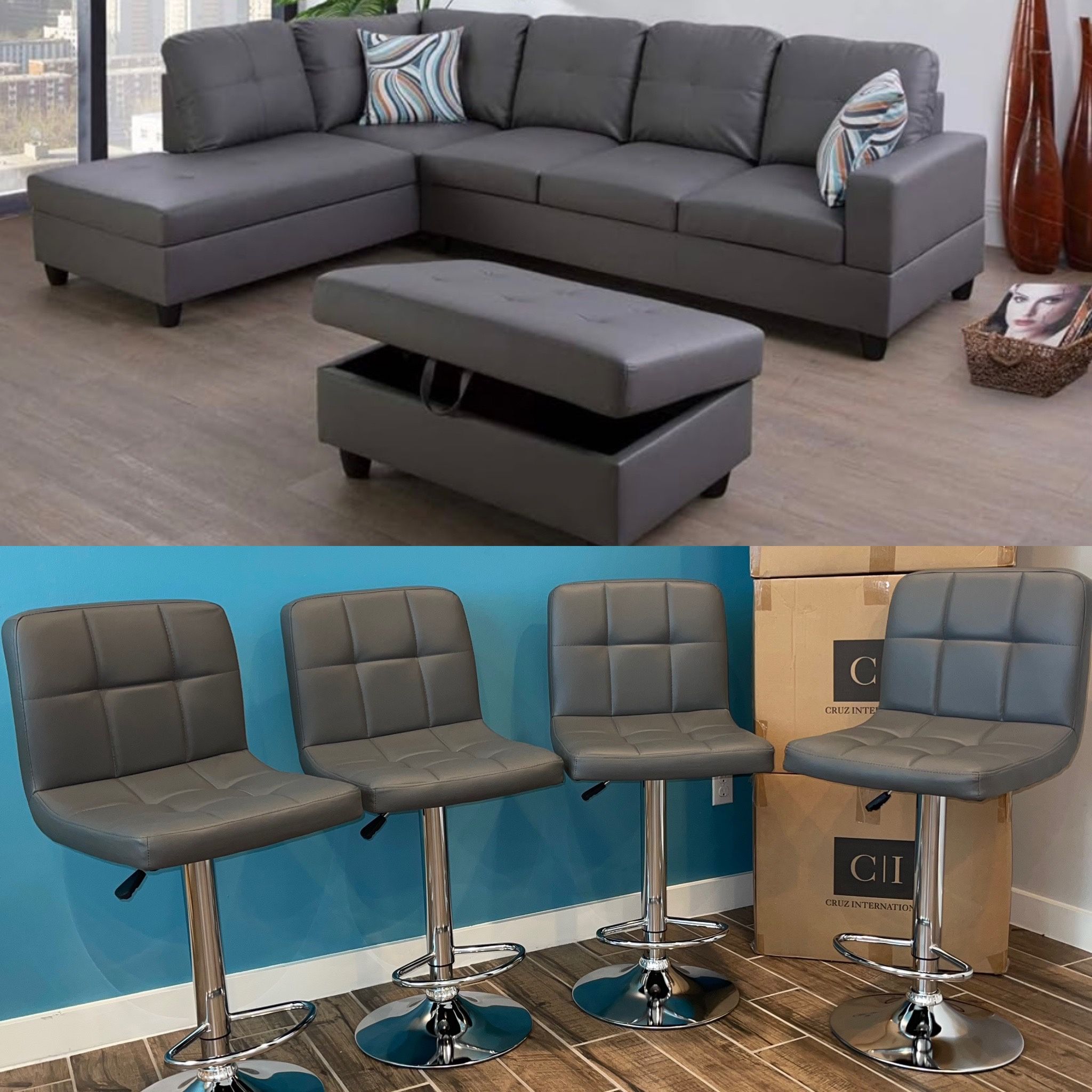 Brand New Gray Secrional Couch Sofa With Ottoman And 4 Gray Bar Stools