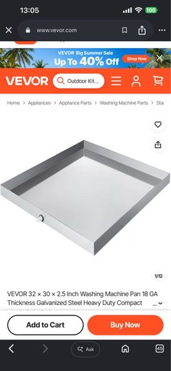 VEVOR 32 x 30 x 2.5 Inch Washing Machine Pan 18 GA Thickness Galvanized Steel Heavy Duty Compact