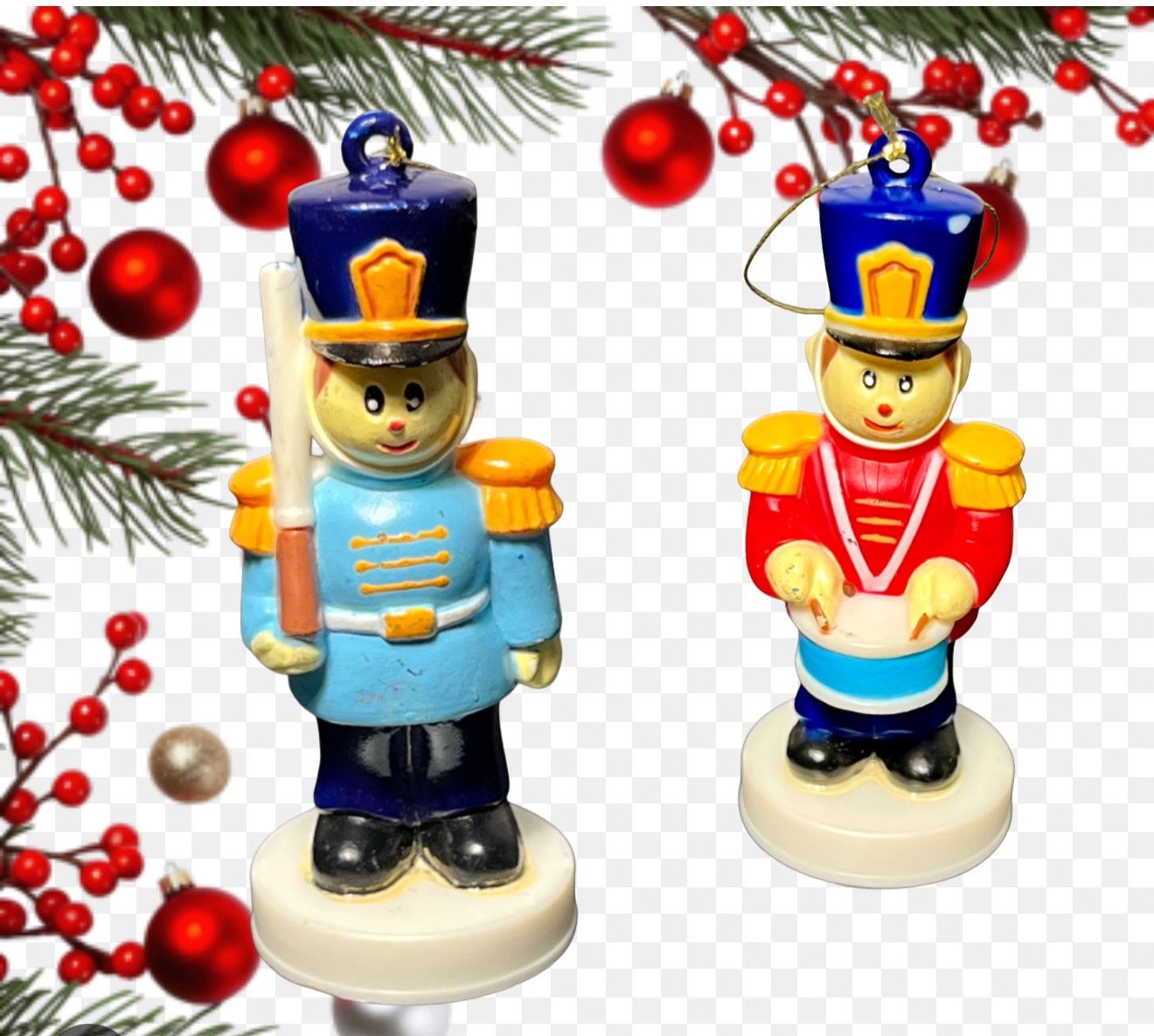 Vintage 1980s 2 Plastic Nutcracker Soldier Ornaments In Red And Blue, 3”