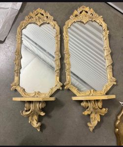 vintage Homco pair of ornate rococo-style mirrors with attached shelves