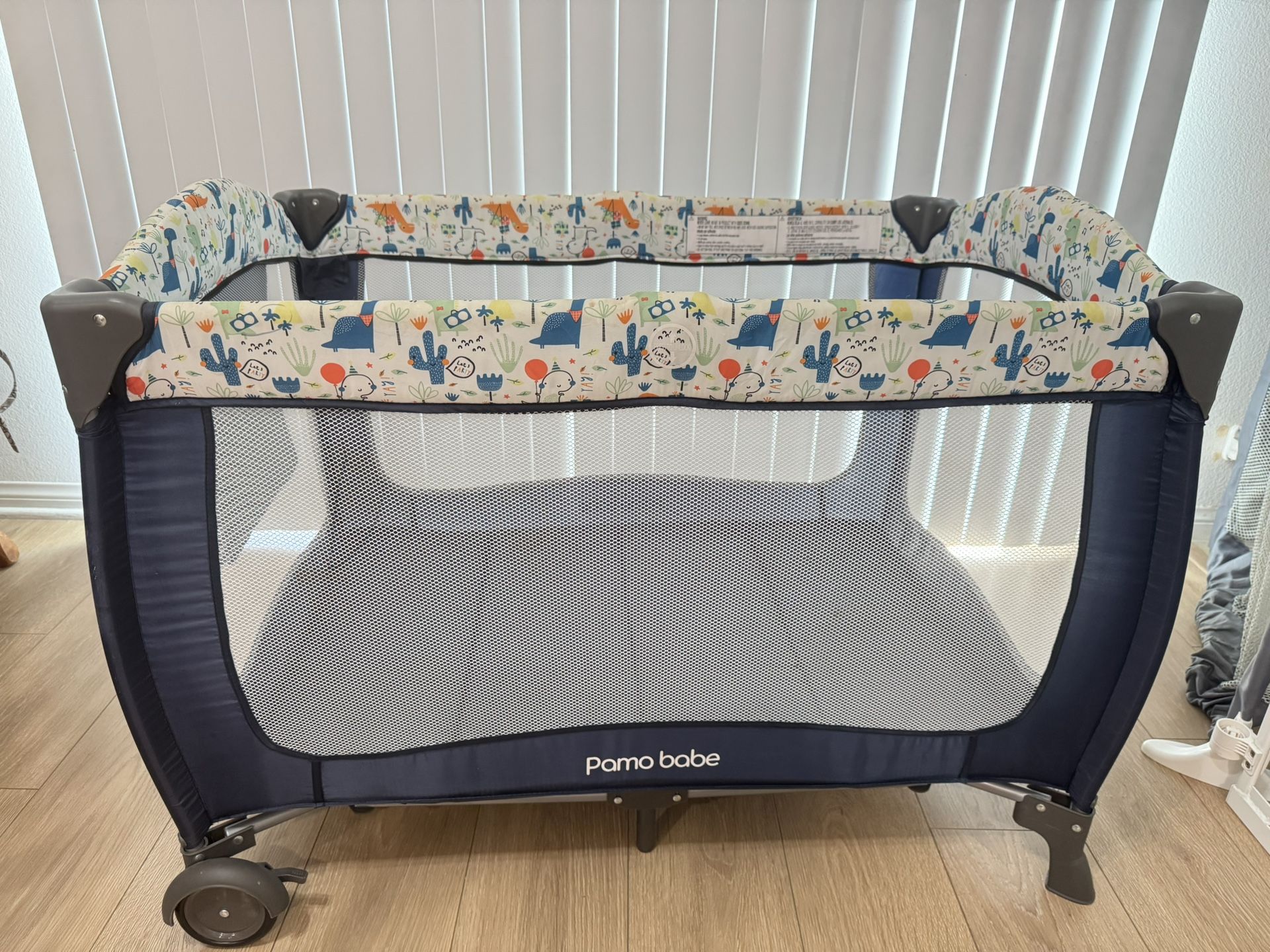 Pamo Babe Travel Foldable Portable Bassinet Baby Infant Comfortable Play Yard Crib Cot with Soft Mattress Breathable Mesh Walls, and Carry Bag Blue