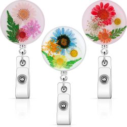 3 Pcs Flower ID Badge Reel Retractable Holders Christmas Gift Dried Flower Resin Round Nurse Badge Reels Retractable Badge Clip Floral Badge Reel Clip