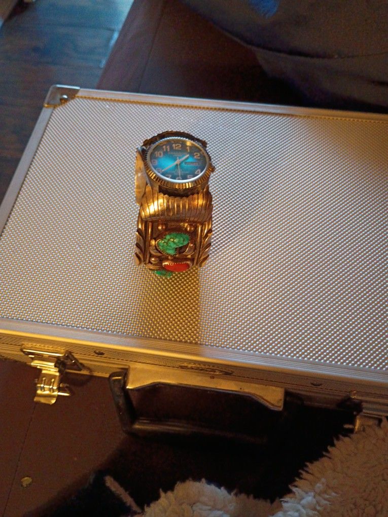 Navajo Sterling Silver Turquoise And Coral Watch Cuff