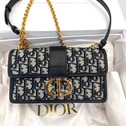 Montaigne embroidery monogram full print adjustable detachable chain flap closure fabric chain bag box bag shoulder crossbody bag regular women's blue