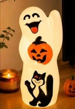 New Halloween ghost cat pumpkin blow mold heavy 12" uses AA batteries