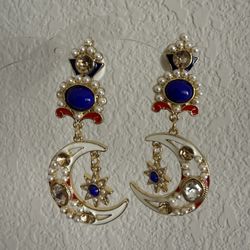 Eliza Sissi women’s vintage Golden and Blue Crescent Moon Earrings