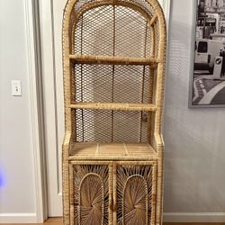 Vintage Rattan Cabinet, Wicker Hutch, Etagere Shelving Cabinet