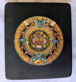 Vintage Aztec Mayan Sun Stone Calendar Wall Plaque Art Hanging 4.5” x 5" Mexico