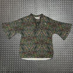 Ruff Hewn Grey Blouse Paisley Hazey Floral Tie-Neck Flared Sleeve Women’s Medium