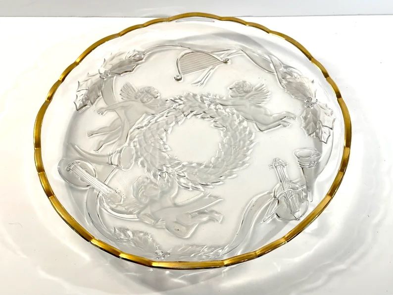 Brand New - Park Avenue Crystal 15" platter Large, heavy, crystal, cherub angel design under glass 22K scalloped gold rim  