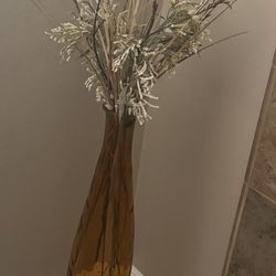 31” Tall Amber Glass Vase With Dried Flowers
