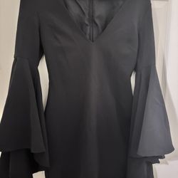 black mini dress with bell sleeves