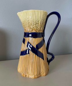 RARE 1990s Bordallo Pinheiro Blue Ribbon Banding Wheat Sheaf Pitcher