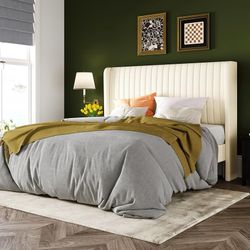 Full Size Velvet Bed Frame/Vertical Channel Tufted Wingback Headboard/Upholstered Platform Bed/Strong Wooden Slats/No Box Spring Needed/Easy Assembly/