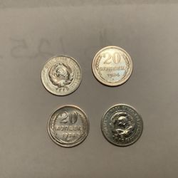 Rare-type-Russia-Soviet-Union..20-Kopeks-..Silver-coins-lot-of-4..1924,1925,1928,1929