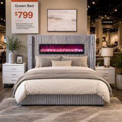 🔥 HOT BUY SALE! 🔥 Modern Queen Bed with Built-In Fireplace & Speaker System ONLY $799!