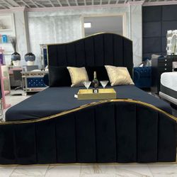 Black And Gold Queen Velvet Bed- Shop Now Pay Later. 