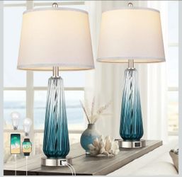Table Lamps Set of 2 with Touch Control, Modern Glass Bedside Lamps with USB A+C Ports, 3-Way Dimmable Nightstand Lamp with White Fabric Shade, 27.5" 