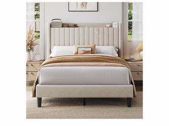 Full Bed Frame with Channel-Tufted Headboard, USB/AC Ports, Beige  Velvet headboard