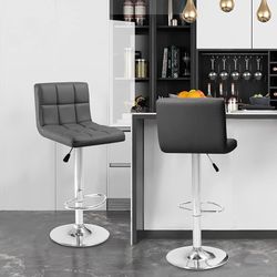 New Set of 2 Faux Leather Bar Stools, Adjustable Height Hydraulic Swivel Armless Barstools, Extra Tall Square Kitchen Bar Stool with Backrest New in