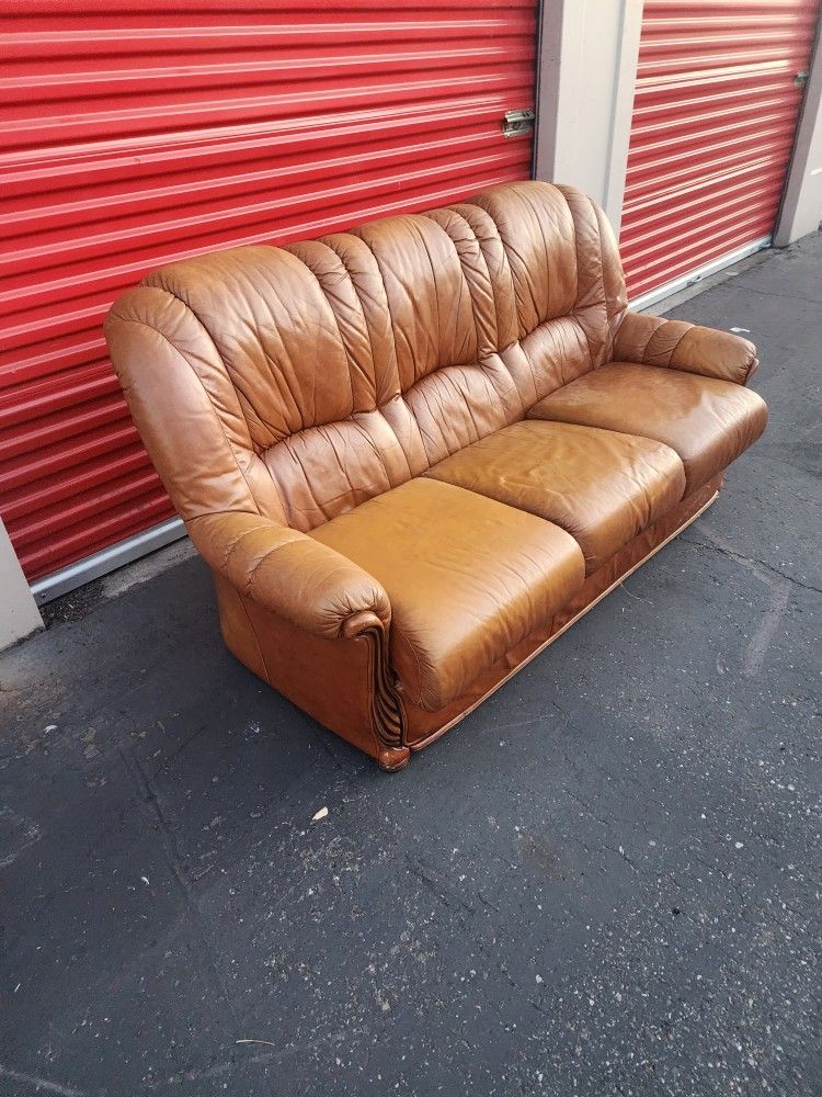 *Free delivery* light brown Italian leather 3 seater couch small good condition apartment friendly