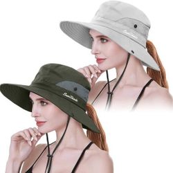 2 Pack Womens Ponytail Sun Hat UV Protection Bucket Hats Foldable Wide Brim Summer Boonie Beach Cap Fishing Hiking. Color Pure Beige & Army Green

 

