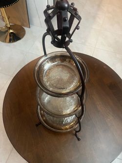 Vintage Crowned 3 tier metal and glass display tower