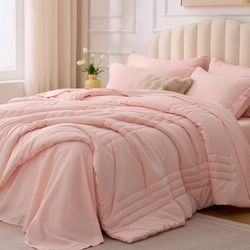 Queen Comforter Set Pink - Bed in a Bag Queen Size 7 Pieces, Soft Bedding Set for All Seasons, Premium Queen Comforter Set with Comforter, Sheets, Pil