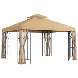 Outsunny 10' x 12' Patio Gazebo w/Corner Frame Shelves, Double Roof Canopy  w/Netting, Brown