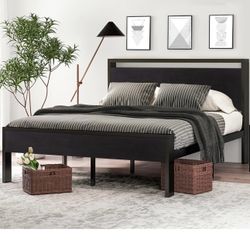 14 Inch Full Size Metal Platform Bed Frame with Wooden Headboard and Footboard, Mattress Foundation, No Box Spring Needed, Large Under Bed St