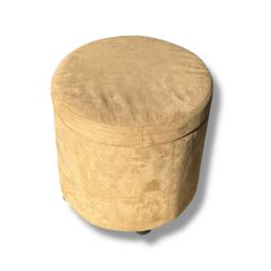 Beige Storage Ottoman – 16” Tall x 15” Wide – Round Suede-Like Footrest with Hidden Storage