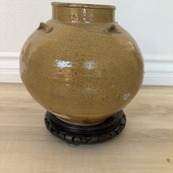 Southeast Asian  12c-13c  Pottery Grain Jar - Height 8 In, 4 Horizontal Ears, Mustard Glaze , A Few Rust Spots