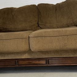 Beige Two-Seater Loveseat with Wood Base - $50 Pickup or $85 Delivered”