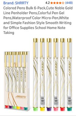 Colored Pens Bulk 6-Pack,Cute Noble Gold Line Penholder Pens,Colorful Pen Gel Pens,WaterproofColor Micro-Pen,White and Simple Fashion Style Smooth Wri