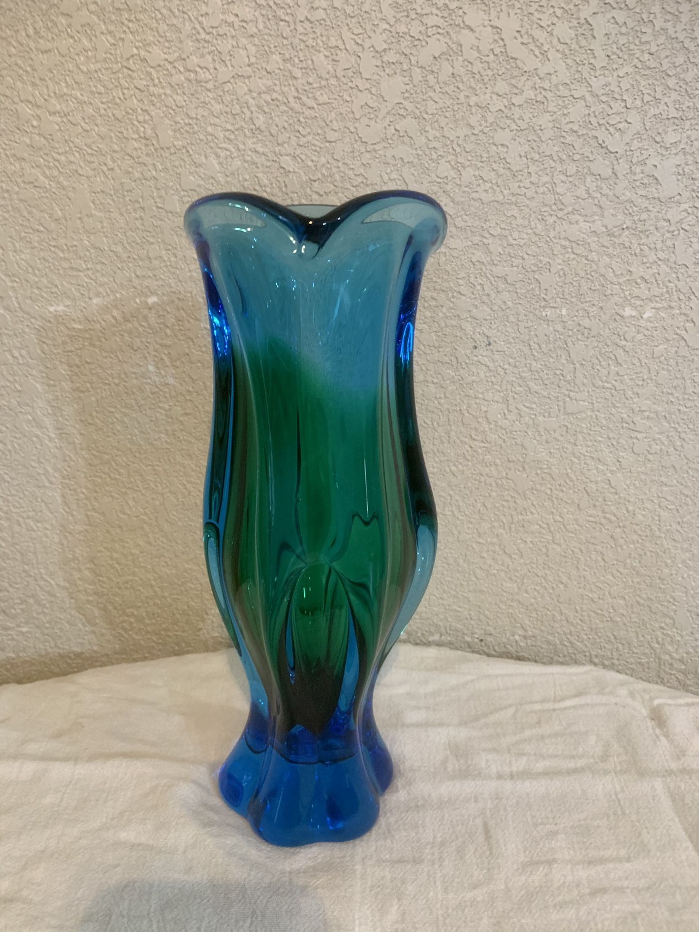 Bohemia Czech Republic Glass Vase Twisted Base Green Blue Flared Vintage.  Approximately 11.25” tall and 4.5” across the top and weighs about 4.5lbs i