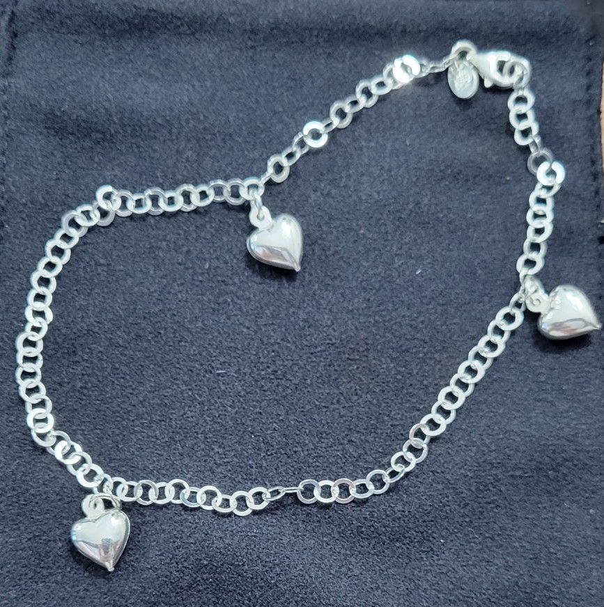 Puffy Heart Charms Anklet, Sterling